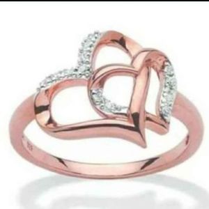 Beautiful Sterling Silver Rose Gold White Gemstone Double Heart  Promise Ring